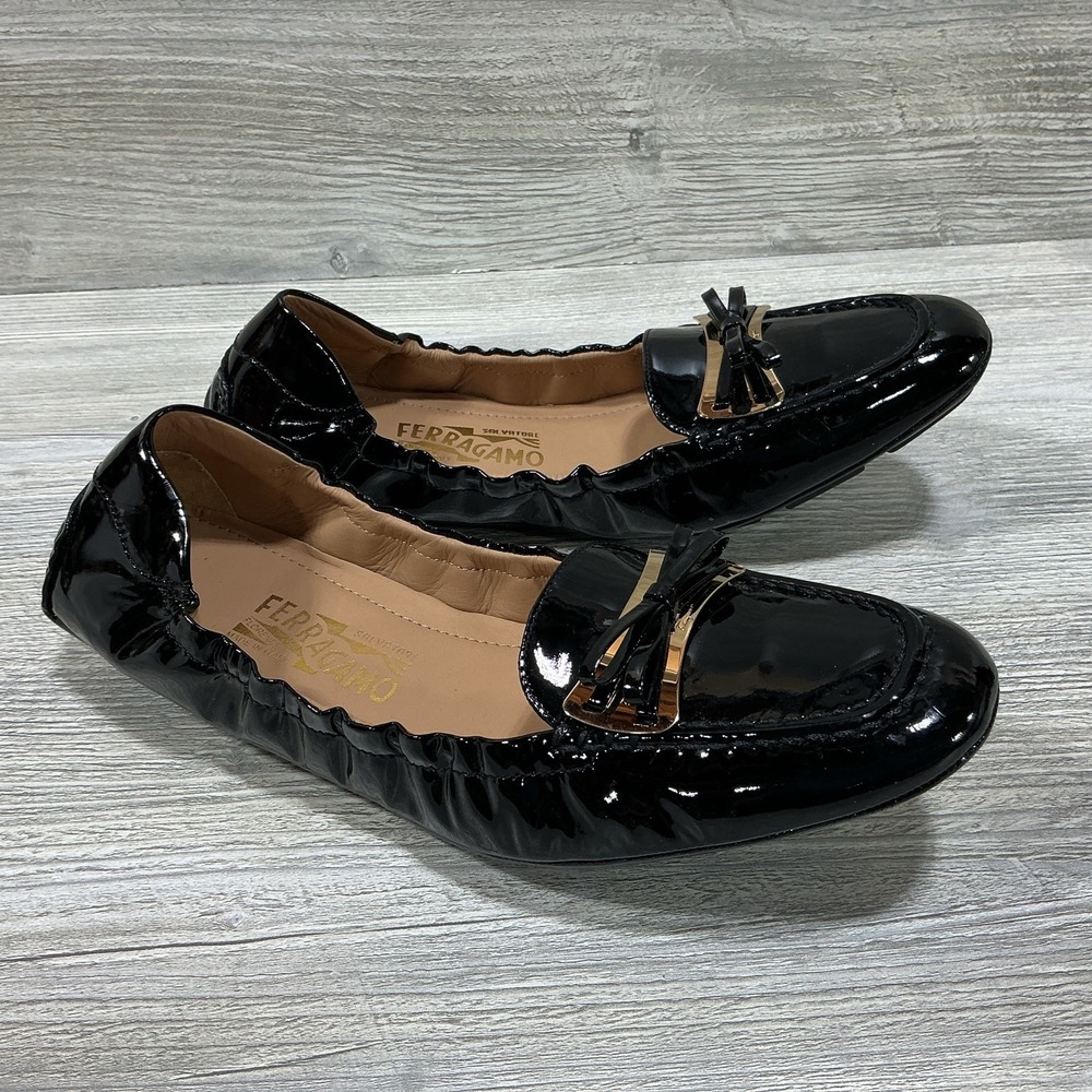 Salvatore Ferragamo My Joy Black Patent Leather Varina Bow Flats Shoes 8.5 B New